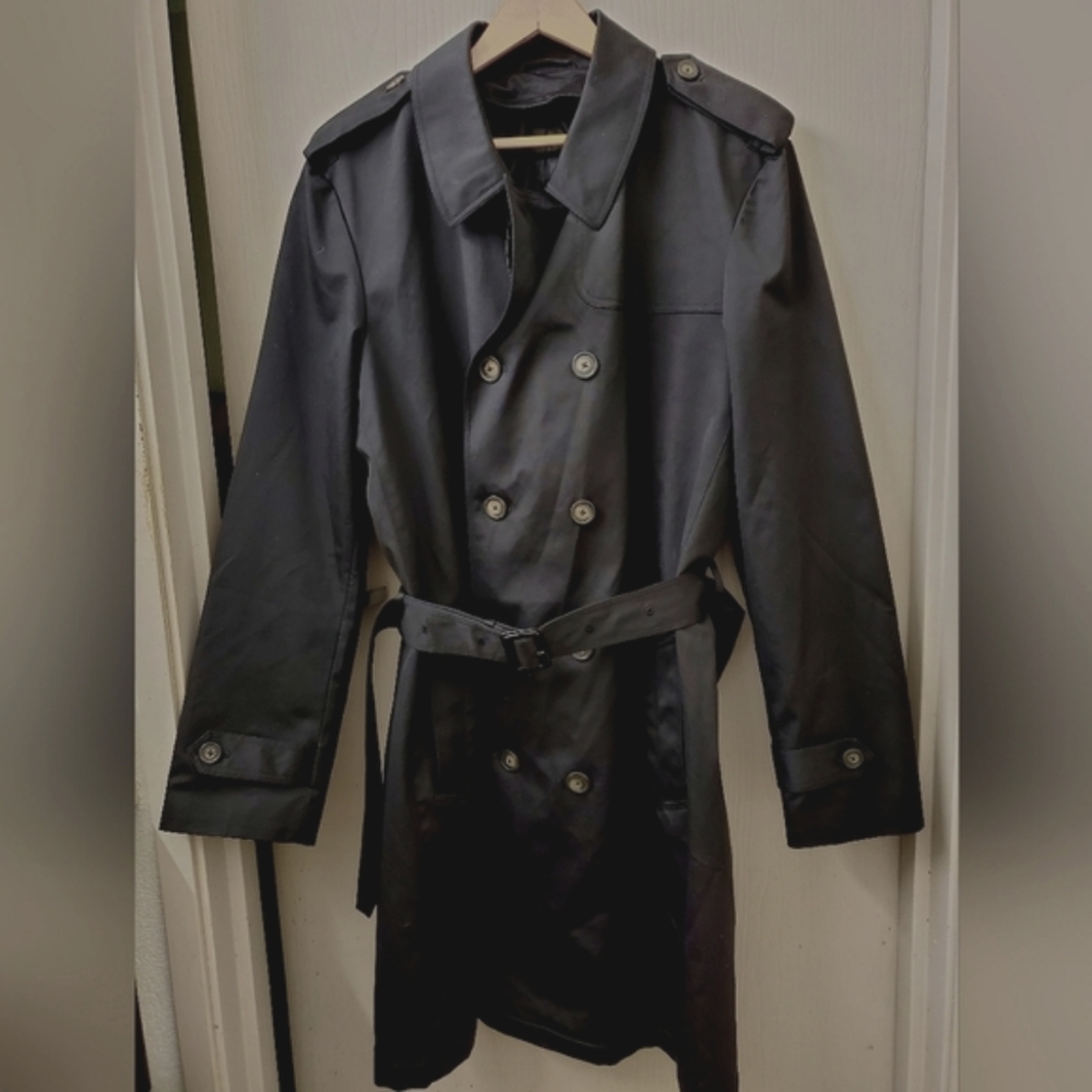 Chaps Men's Black Belted Trench Coat Sz 44L